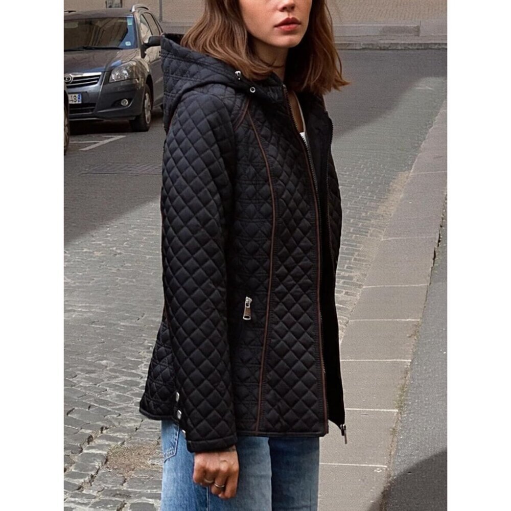 Women Black Hood Quilted Puffer Jacket Long Sleeve Short Coat Zip Up Pockets - Picture 4 of 6